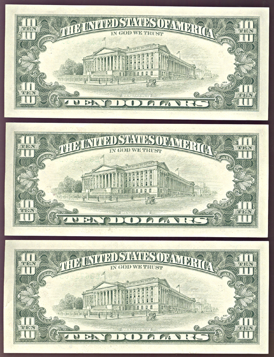 Run of three 1985 $10.00 Richmond, Error Middle Note.  GemCU.