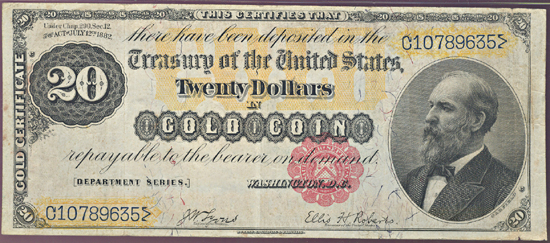 1882 $20.00.  PMG VF-25.