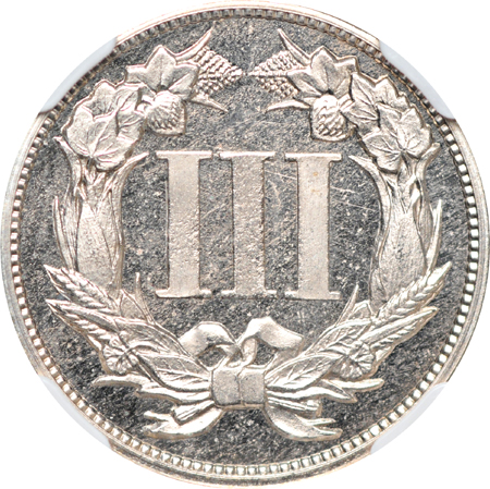 1868 Three Cent Nickel pattern, J-615, P-680, R-5. NGC PF-64 Cameo (CAC).