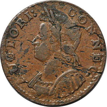 1786 Connecticut Copper (Miller 5.4-G, R-2, 131.4 grains). XF.