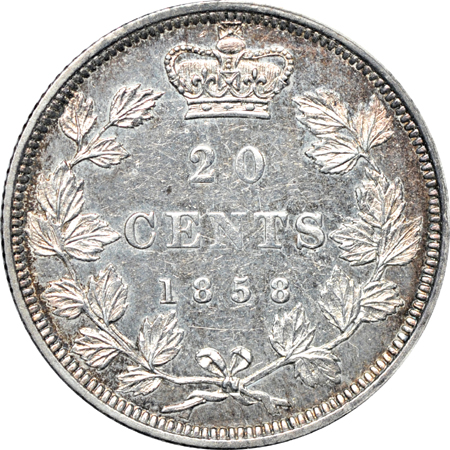 1858 Canada 20 Cents, Victoria, KM-4. MS-60.