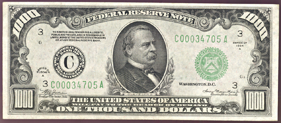 1934-A $1,000.00 Philadelphia.  AU.