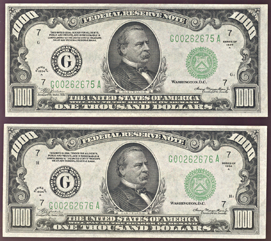 Sequential Pair of 1934-A $1,000.00 Chicago.  CHCU.