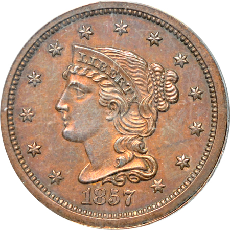 1857 Small Date (N-3, Low R-5). ANACS PF-62 BRN.