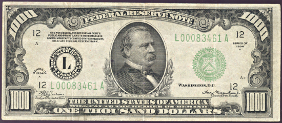 1934-A $1,000.00 San Francisco.  VF.