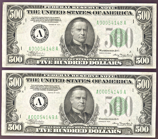 Pair of sequential 1934 $500.00 Boston.  AU.