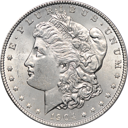 Five certified Morgan silver dollars.