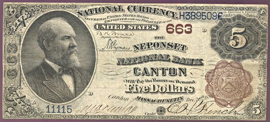 1882 $5.00. Canton, MA Charter# 663. Brown Back. F.
