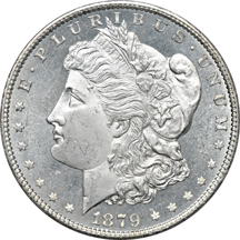 Six certified Morgan silver dollars. PCGS MS-64.