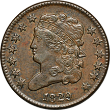 Four half-cent type pieces.