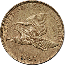 One Flying Eagle cent and Four Indian Head cents.