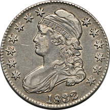 Six half-dollar silver type coins.