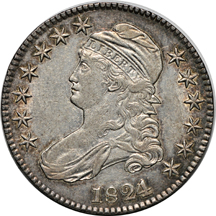 1824/1 (O-101, R.2), 1824 over-date (O-103, R.1), 1827/6 (O-101, R.2), 1829 over 1827 (O-102, R.2) and 1836 50 over 00 (O-116, R.2).