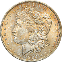 Twenty mint state 1904-O Morgan silver dollars.