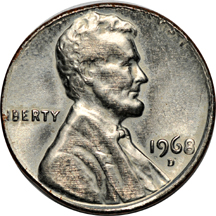 1968-D Lincoln cent struck on clad dime planchet.