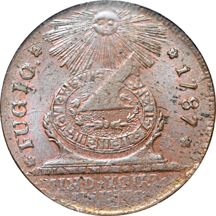 1787 Fugio Copper/ 4 Cinquefoils/ Pointed Rays. Newman 8-B, Kessler.8-B, R-3. NGC MS-64 RB.