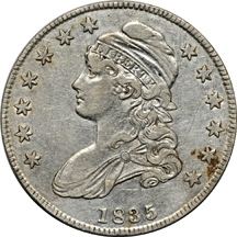 Twenty Capped Bust half-dollars.