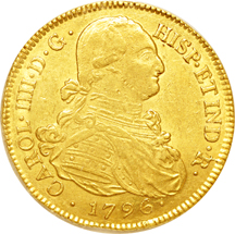 1796 P-JF Popayan, Carlos IIII Columbia gold 8 Escudos (KM-62.2). XF.
