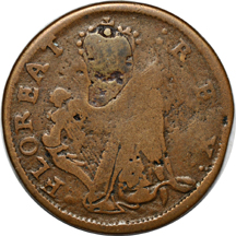 (1663 - 1672) New Jersey St. Patrick or Mark Newby Farthing. Breen 212, Griffee 33-8/3a, High Rarity-7, 84.5 grains. VF.