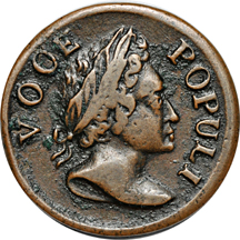 1760 Voce Populi, "VOOE" variety, Halfpenny. Nelson 3, Zelinka 7-E, Breen 227. Rarity-3, 116.3 grains. VF.