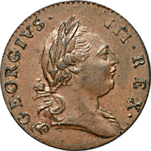 1773 Virginia Halfpenny, Period After GEORGIVS, Seven Harpstrings, Newman 27-J. Rarity-2, 115.4 grains. MS-60.