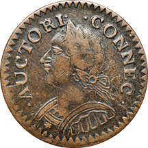 1787 Connecticut Copper. "Laughing Head" obverse. Miller 6.1-M, Rarity-1, 111.2 grains. XF-40.