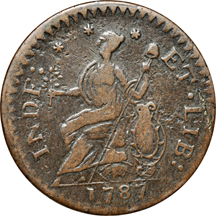 1787 Connecticut Copper. "Laughing Head" obverse. Miller 6.1-M, Rarity-1, 111.2 grains. XF-40.