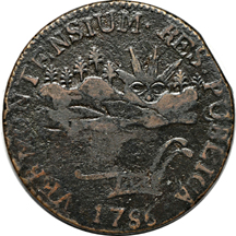 1786 Vermont Copper, "VERMONTENSIUM" variety. Ryder 6, Rarity-3, 114.1 grains. VF.