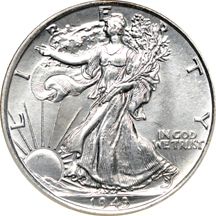 Four certified Walking Liberty half-dollars. NGC MS-65.