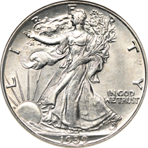 Six certified Walking Liberty half-dollars. NGC MS-63.