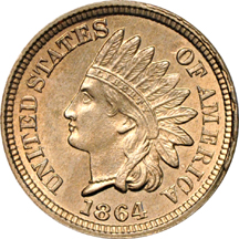1864 "copper-nickel" Indian Head cent and 1905 Encased Indian Head cent.