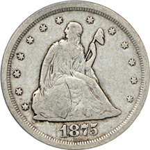 Five 1875-S Twenty-Cent Pieces.