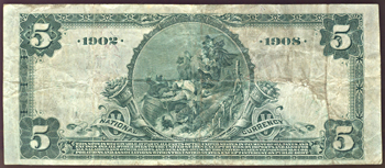 1902 $5.00. Highland, IL Date Back Charter# 6653 Blue Seal. VF.
