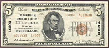 1929 $5.00. Little Rock, AR Charter# 14000 Ty. 2. AU.