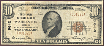 1929 $10.00. Warrenton, VA Charter# 9642 Ty. 1. F.