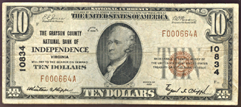 1929 $10.00. Independence, VA Charter# 10834 Ty. 1. F.