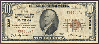 1929 $10.00. Smyrna, DE Charter# 2336 Ty. 1. F.