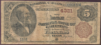 1882 $5.00. Galveston, TX Charter# 4321 Brown Back. VG.