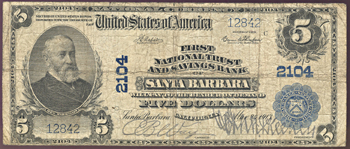 1902 $5.00. Santa Barbara, CA Charter# 2104 Blue Seal. VG.
