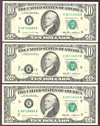 Run of three 1985 $10.00 Richmond, Error Middle Note.  GemCU.