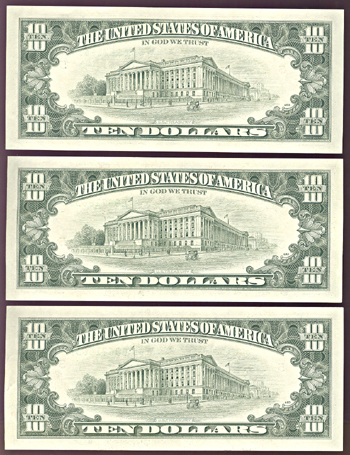 Run of three 1985 $10.00 Richmond, Error Middle Note.  GemCU.