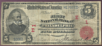 1902 $5.00. Philadelphia, PA Charter# 1 Red Seal. F.