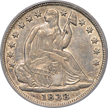 1838 No Drapery, Small Stars. PCGS AU-50.