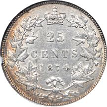 1874H Canada 25 Cents, Victoria, KM-5. NGC AU-55.