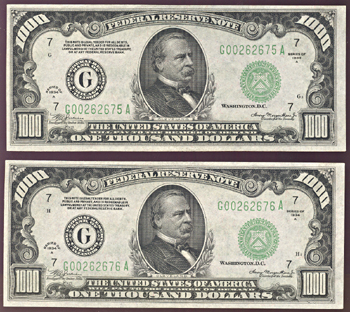 Sequential Pair of 1934-A $1,000.00 Chicago.  CHCU.