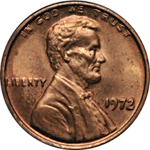 1972 doubled-die Lincoln cent.  ANACS MS-60 details/recolored.