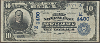 1902 $10.00. Mount Carmel, IL Charter# 4480 Blue Seal Date Back. F.