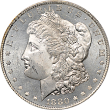 Five certified Morgan silver dollars.