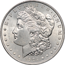 Five certified Morgan silver dollars.