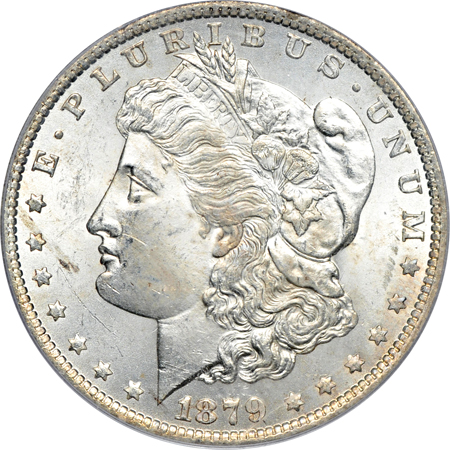 Five PCGS certified uncirculated Morgan dollars.